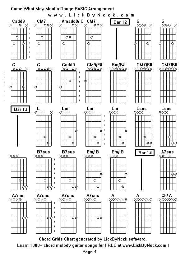 Chord Grids Chart of chord melody fingerstyle guitar song-Come What May-Moulin Rouge-BASIC Arrangement,generated by LickByNeck software.